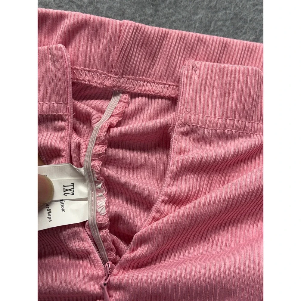 Pink Ribbed Ruched Stacked Leggings High Waisted Tie Hem Pants 2XL